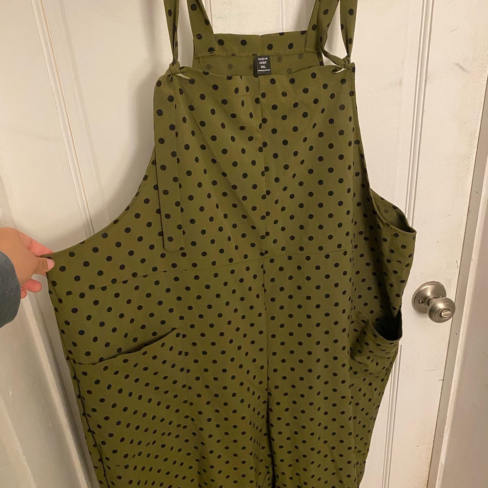 SHEIN Olive Green Jumpsuit with Black Polka Dots